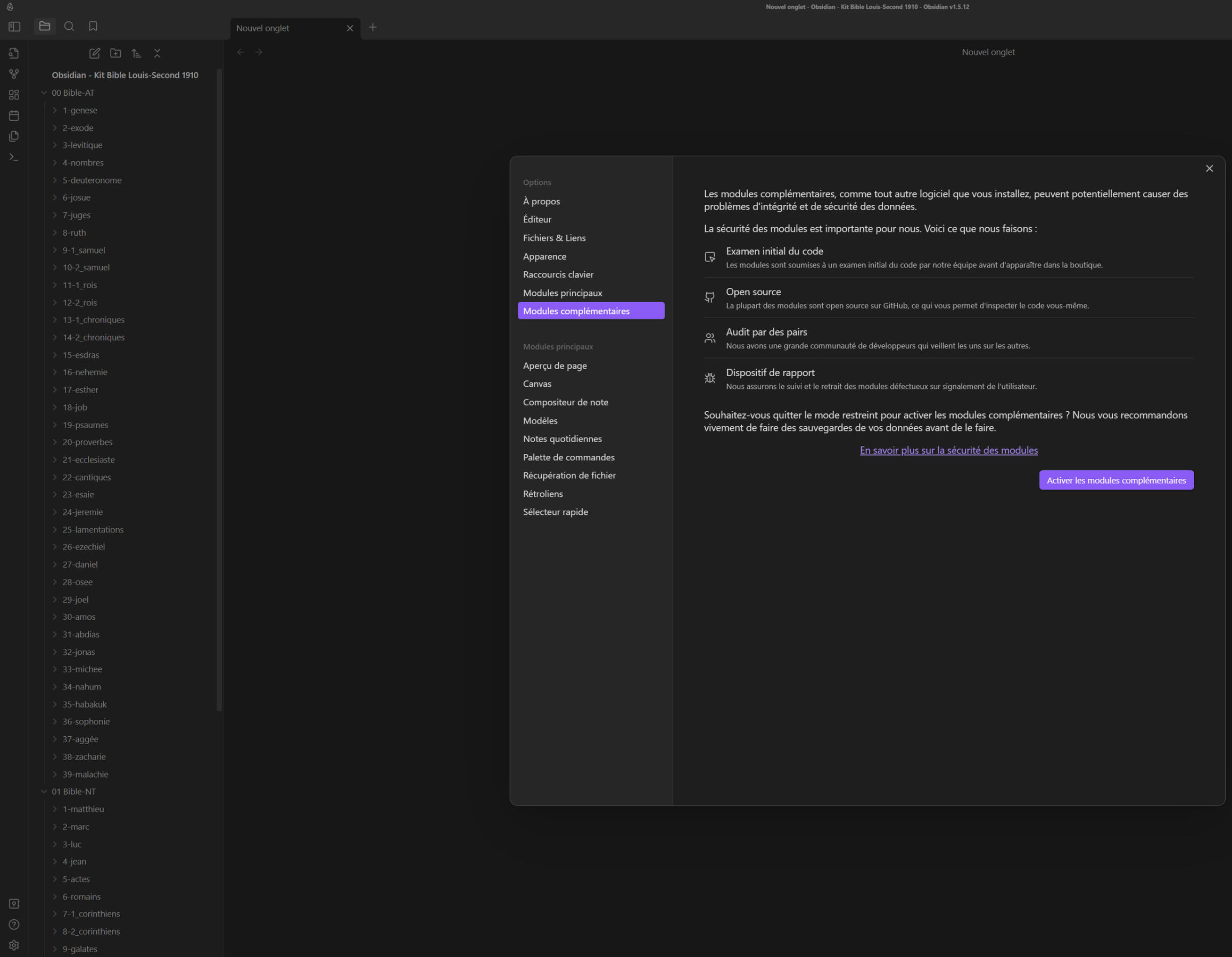 Sans installation de plugin, sans snippet, juste les chapitres organisés par livres dans des dossiers