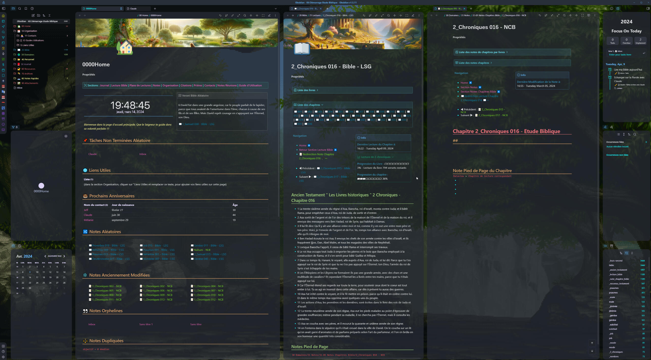 Dashboard d'accueil + chapitre de lecture Bible + note de chapitre pré-formatée
