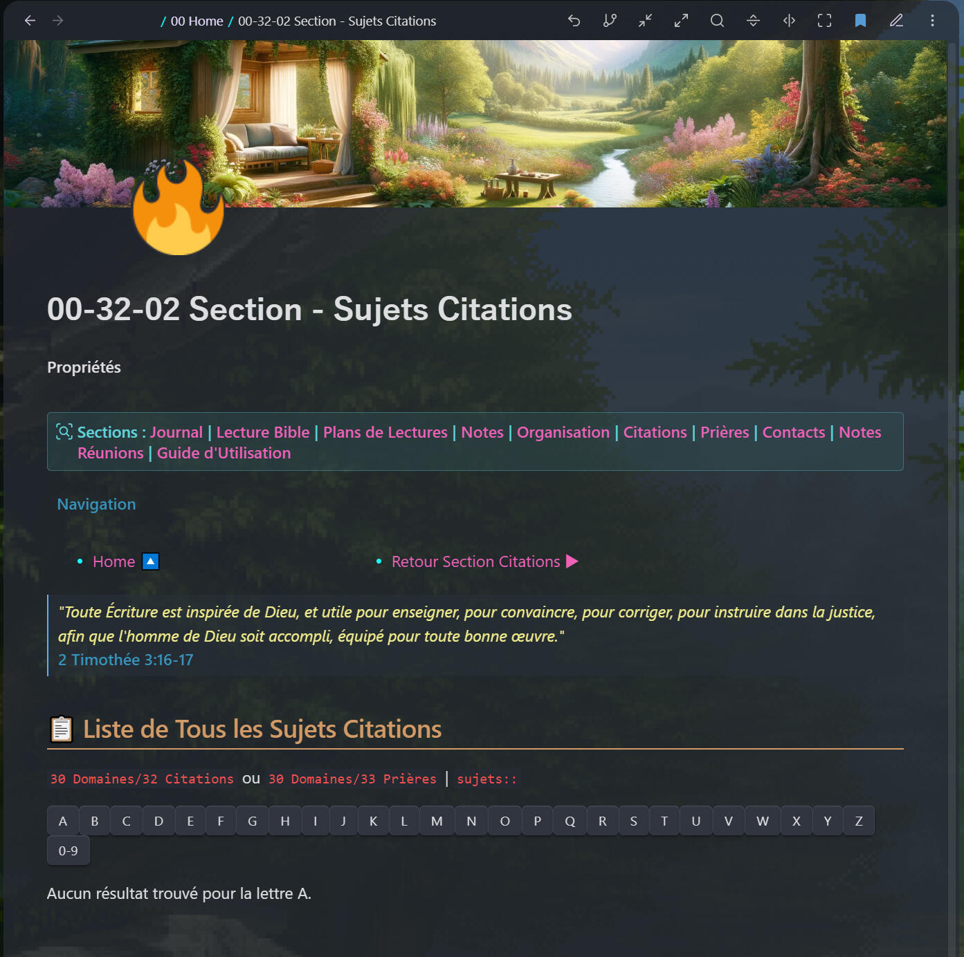 Dashboard de sous-section &quot;Sujets Citations&quot; permettant en dehors des tags de lier les sujets de prières et de citations grâce au dataview alphabétique.