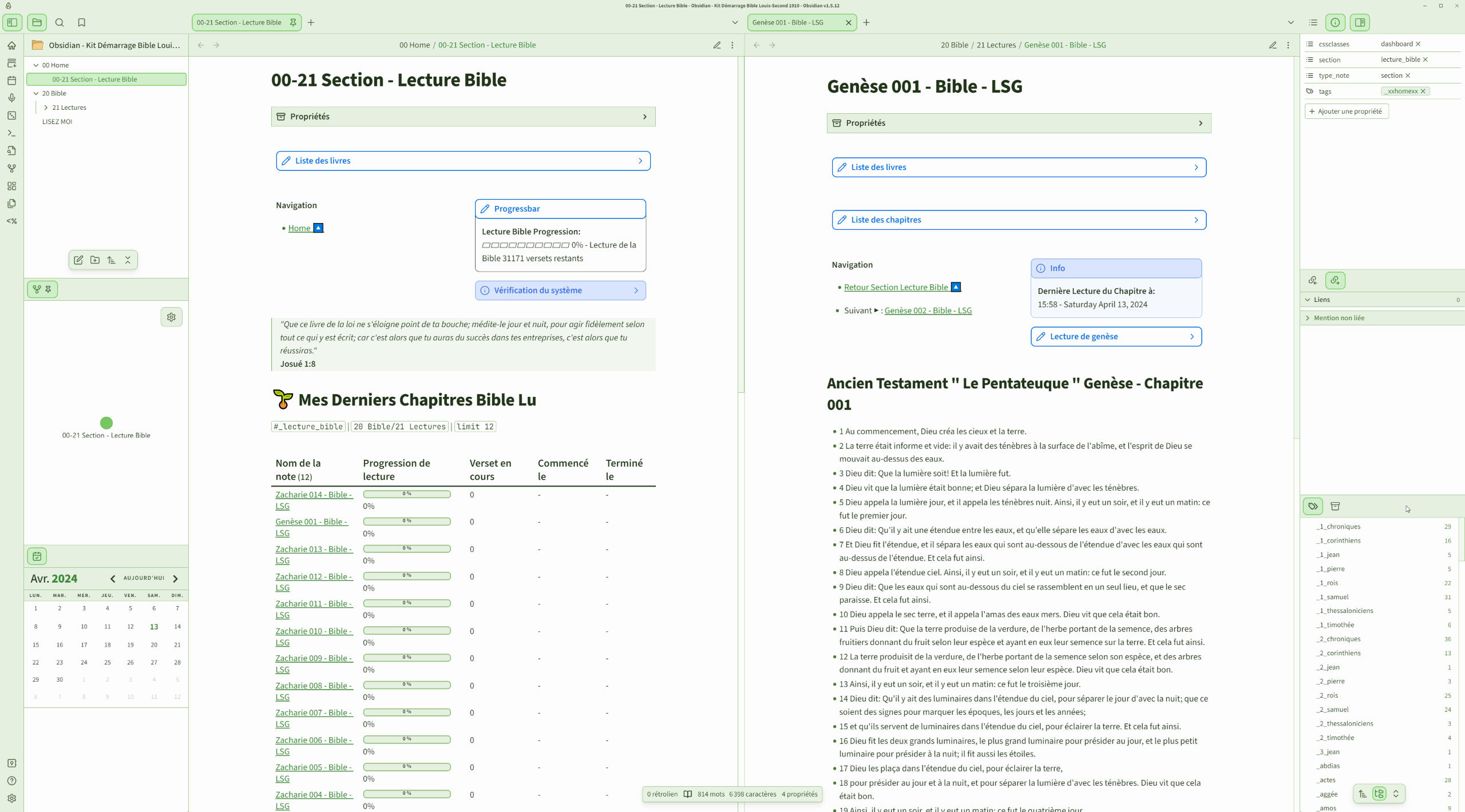 La page d&#39;accueil du Kit directement dans la section &quot;Lecture Bible&quot; + Une page de note de lecture chapitre de Bible. Avec le thème graphique &quot;Prism&quot;.